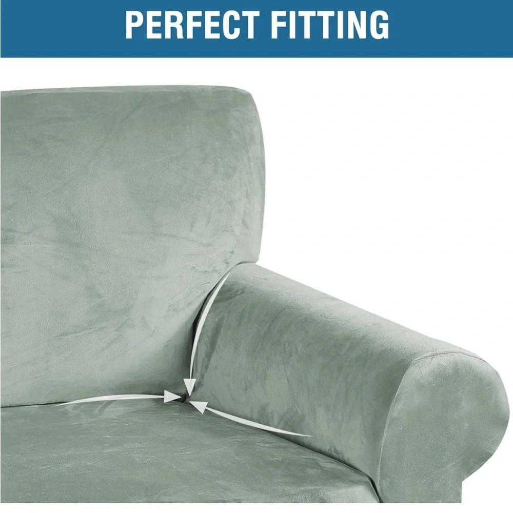Sea Grass Green Velvet Loveseat Sofa Slip Cover W/Stretch 58-72” Square Cushion